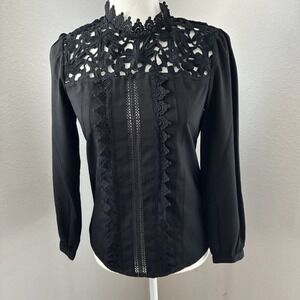 Halogen‎ Black Lace Blouse Puff Sleeve Romantic Victorian Business  XXS Petite